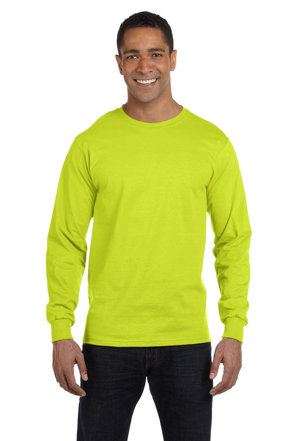 Gildan G840 Mens DryBlend Moisture Wicking Long Sleeve Crewneck T-Shirt Safety Green Front