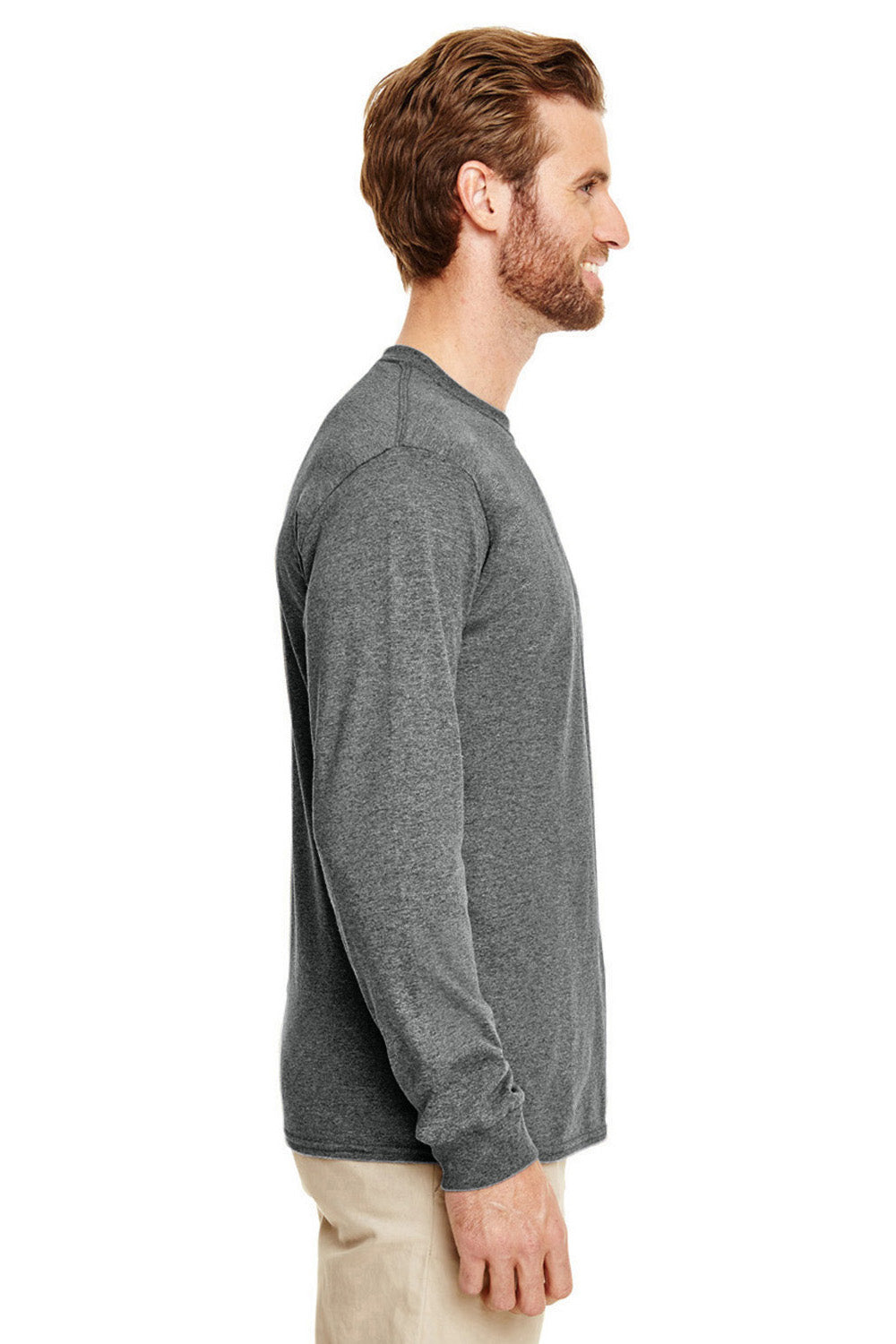 Gildan G840 Mens DryBlend Moisture Wicking Long Sleeve Crewneck T-Shirt Heather Graphite Grey Side