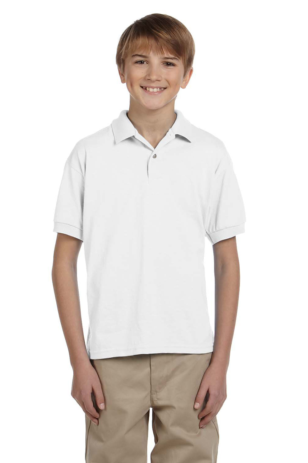 Gildan G880B Youth DryBlend Moisture Wicking Short Sleeve Polo Shirt White Front