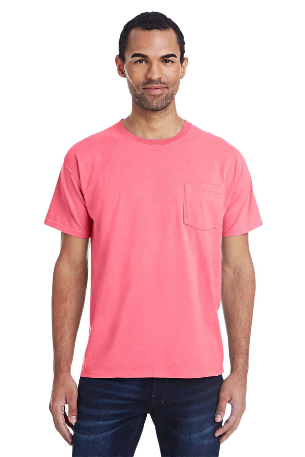 ComfortWash By Hanes GDH150 Mens Short Sleeve Crewneck T-Shirt w/ Pocket Coral Pink Front