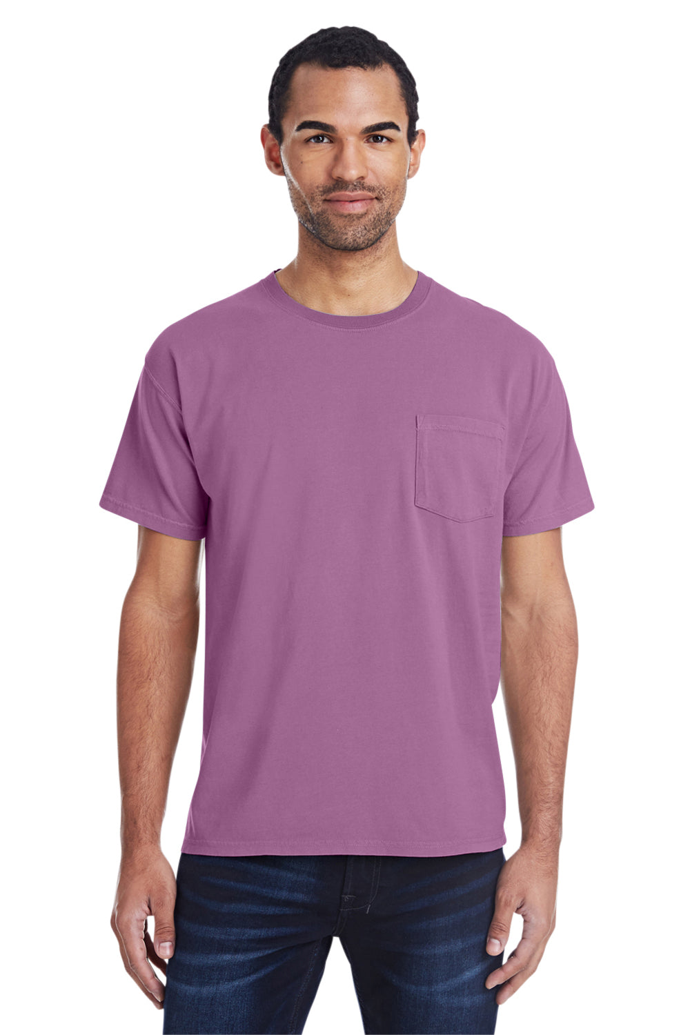 ComfortWash By Hanes GDH150 Mens Short Sleeve Crewneck T-Shirt w/ Pocket Plum Purple Front