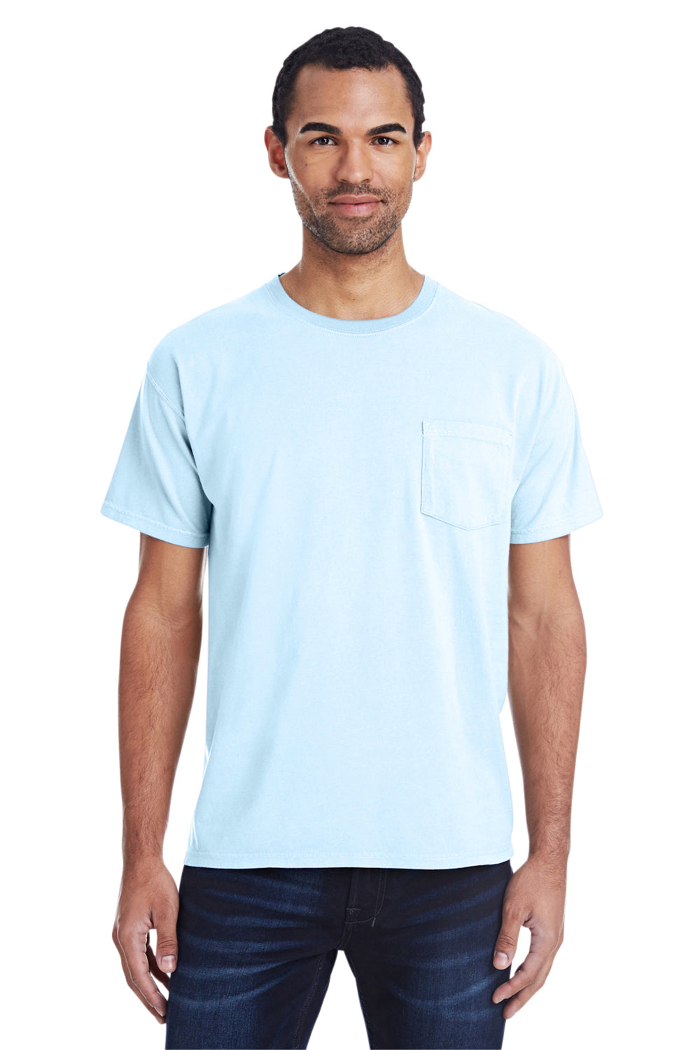 ComfortWash By Hanes GDH150 Mens Short Sleeve Crewneck T-Shirt w/ Pocket Soothing Blue Front