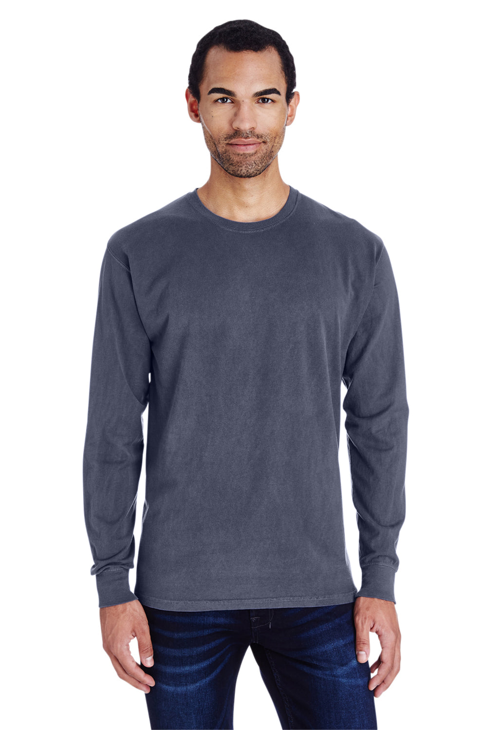 ComfortWash By Hanes GDH200 Mens Long Sleeve Crewneck T-Shirt Slate Blue Front