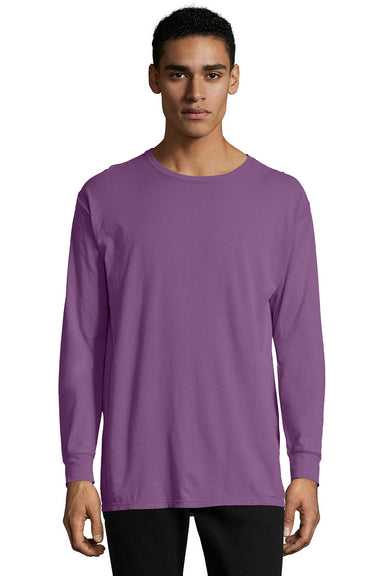 ComfortWash by Hanes GDH200 Mens Long Sleeve Crewneck T-Shirt Purple Plum Raisin Front