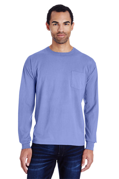 ComfortWash By Hanes GDH250 Mens Long Sleeve Crewneck T-Shirt w/ Pocket Deep Forte Purple Front