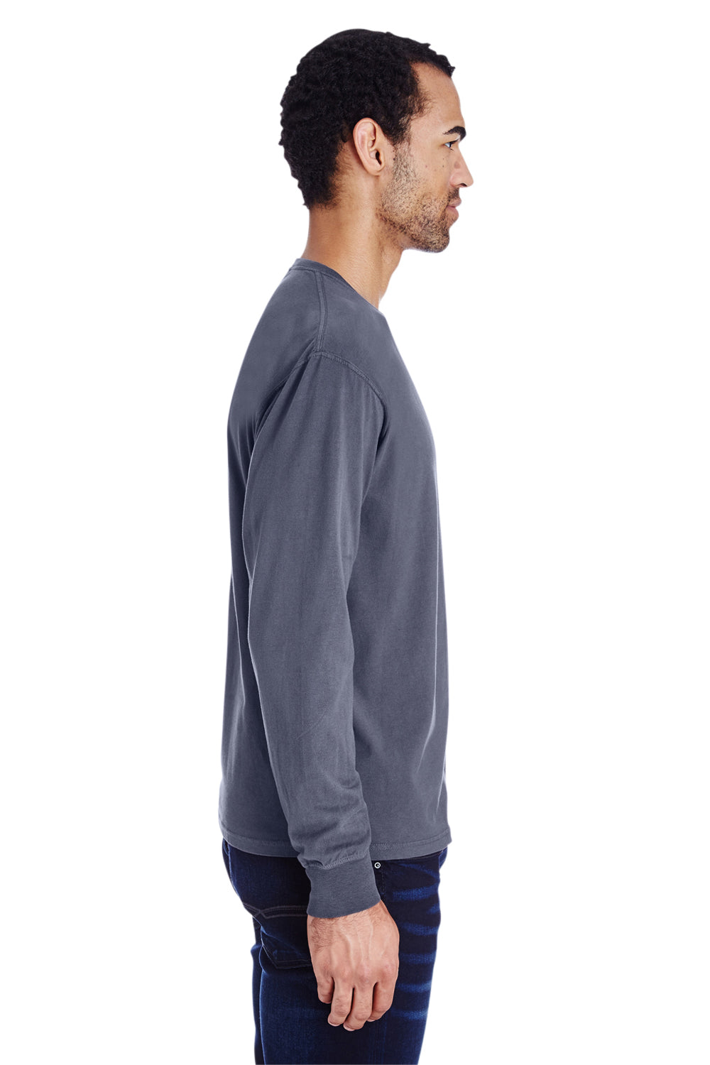 ComfortWash By Hanes GDH250 Mens Long Sleeve Crewneck T-Shirt w/ Pocket Slate Blue Side