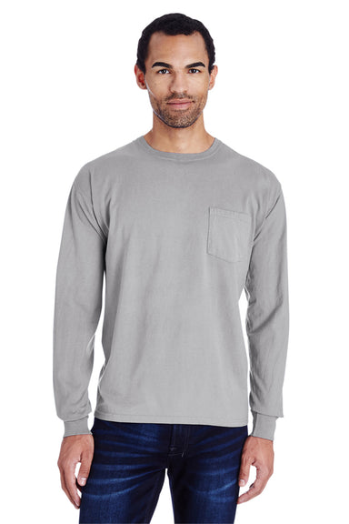 ComfortWash By Hanes GDH250 Mens Long Sleeve Crewneck T-Shirt w/ Pocket Concrete Grey Front