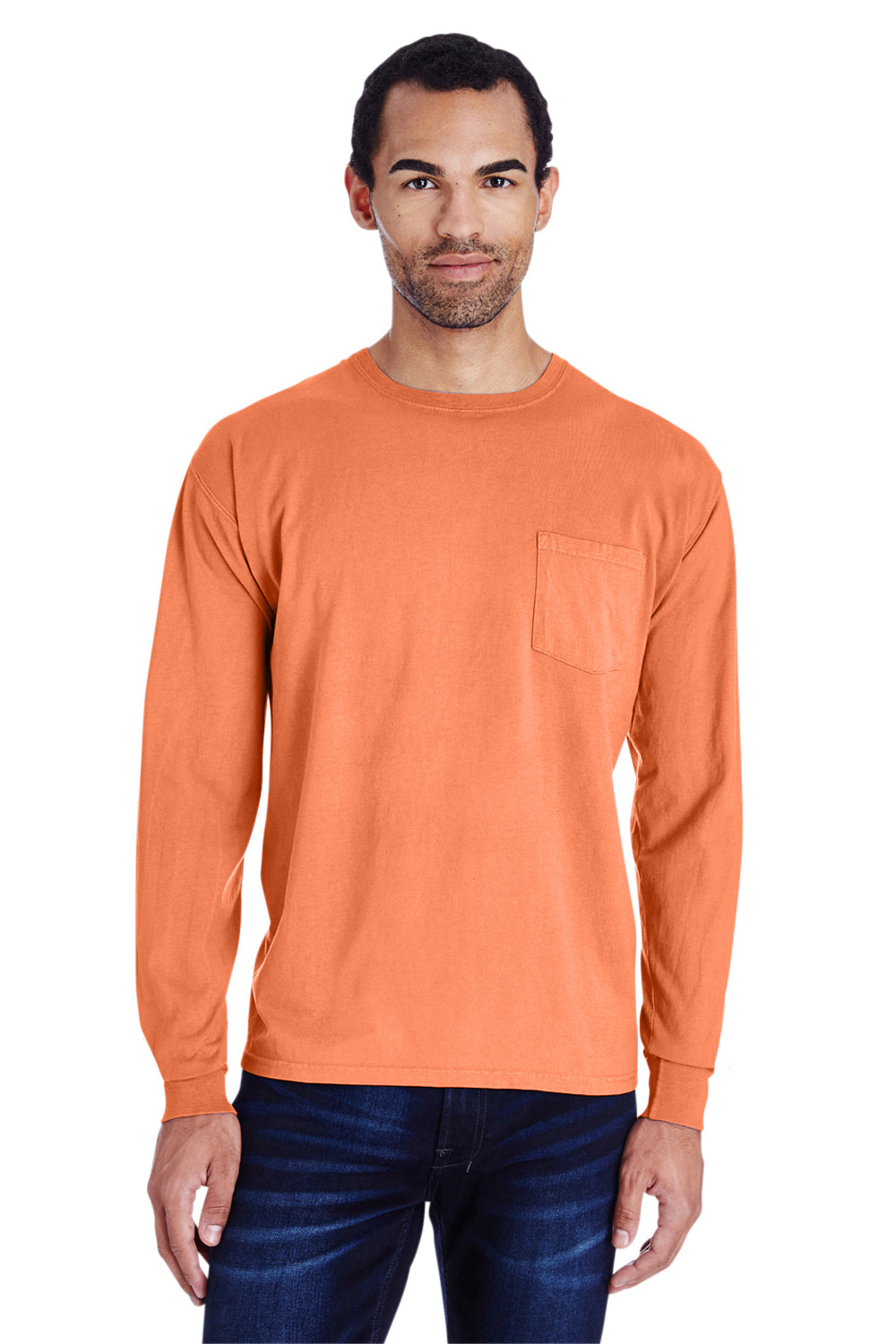 ComfortWash by Hanes GDH250 Long Sleeve Crewneck T-Shirt w/ Pocket Horizon Orange Front