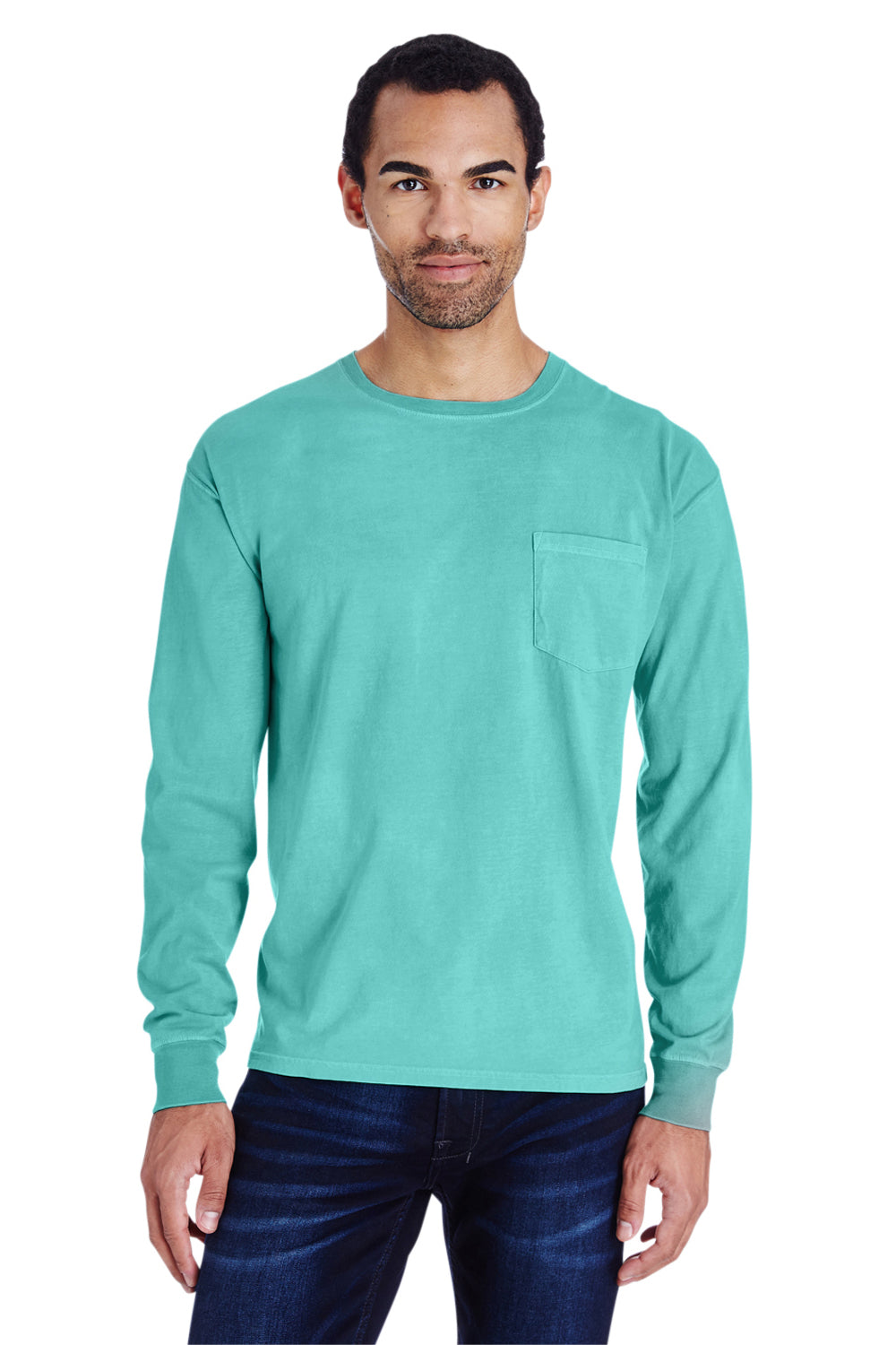 ComfortWash By Hanes GDH250 Mens Long Sleeve Crewneck T-Shirt w/ Pocket Mint Green Front