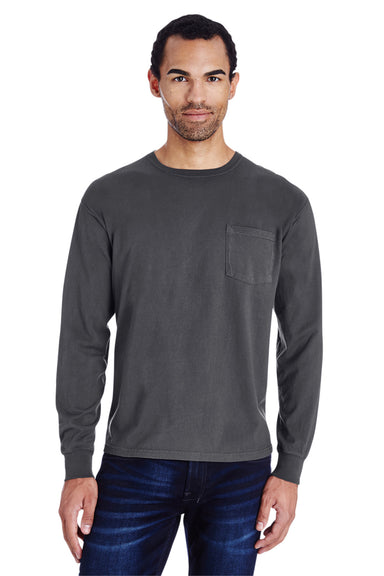 ComfortWash By Hanes GDH250 Mens Long Sleeve Crewneck T-Shirt w/ Pocket Railroad Grey Front