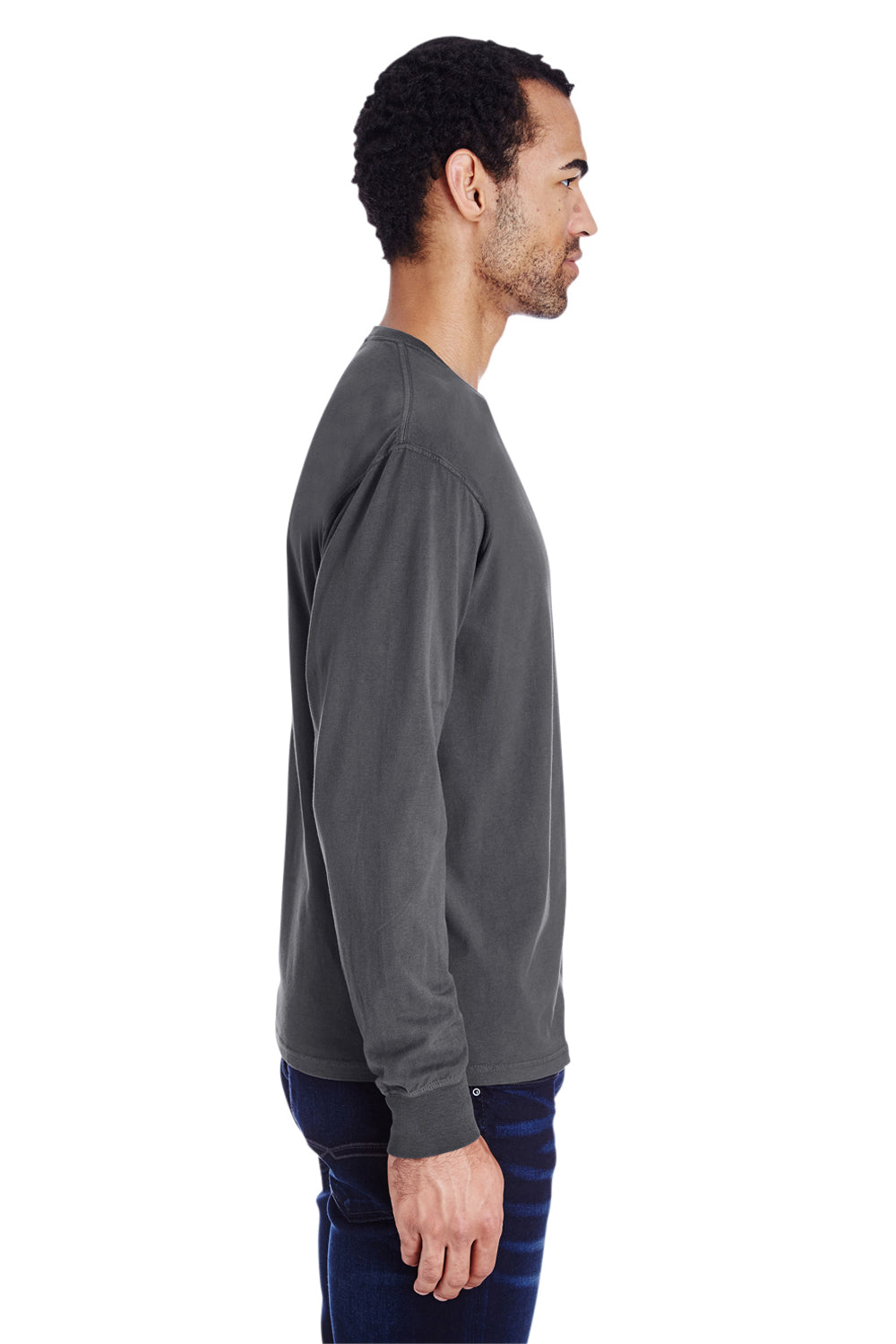ComfortWash By Hanes GDH250 Mens Long Sleeve Crewneck T-Shirt w/ Pocket Railroad Grey Side