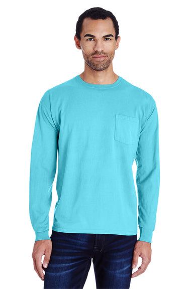 ComfortWash by Hanes GDH250 Long Sleeve Crewneck T-Shirt w/ Pocket Freshwater Blue Front
