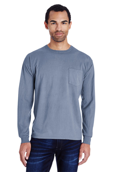 ComfortWash by Hanes GDH250 Long Sleeve Crewneck T-Shirt w/ Pocket Saltwater Blue Front
