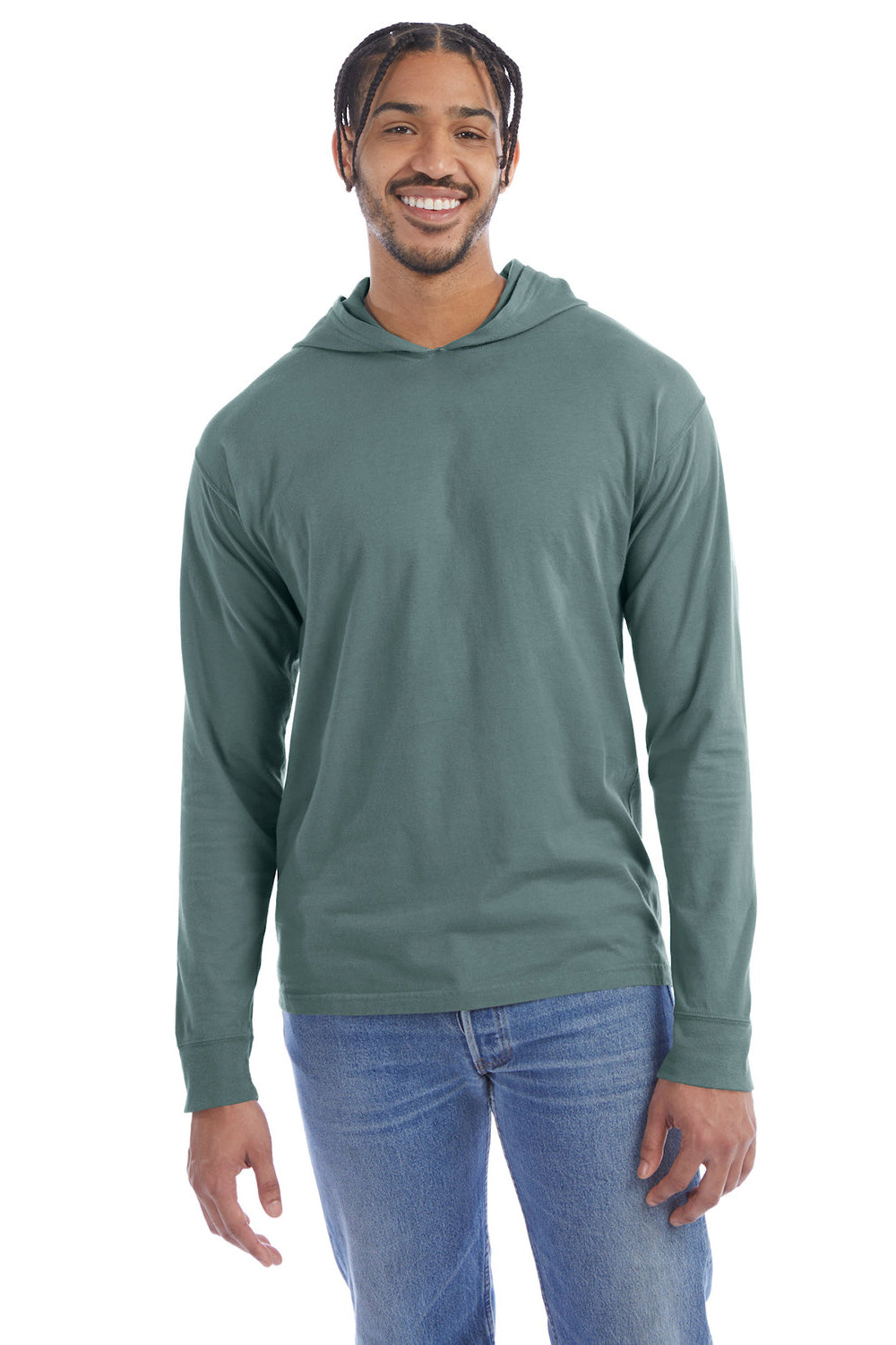ComfortWash by Hanes GDH280 Mens Jersey Long Sleeve Hooded T-Shirt Hoodie Cypress Green Front