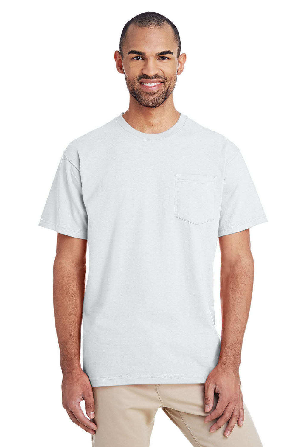 Gildan H300 Mens Hammer Short Sleeve Crewneck T-Shirt w/ Pocket White Front