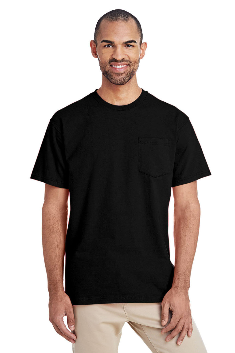 Gildan H300 Mens Hammer Short Sleeve Crewneck T-Shirt w/ Pocket Black Front