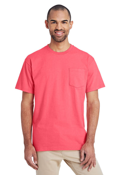 Gildan H300 Mens Hammer Short Sleeve Crewneck T-Shirt w/ Pocket Coral Silk Pink Front