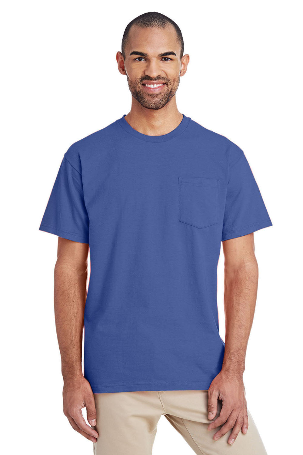 Gildan H300 Mens Hammer Short Sleeve Crewneck T-Shirt w/ Pocket Flo Blue Front