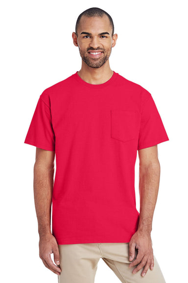 Gildan H300 Mens Hammer Short Sleeve Crewneck T-Shirt w/ Pocket Red Front