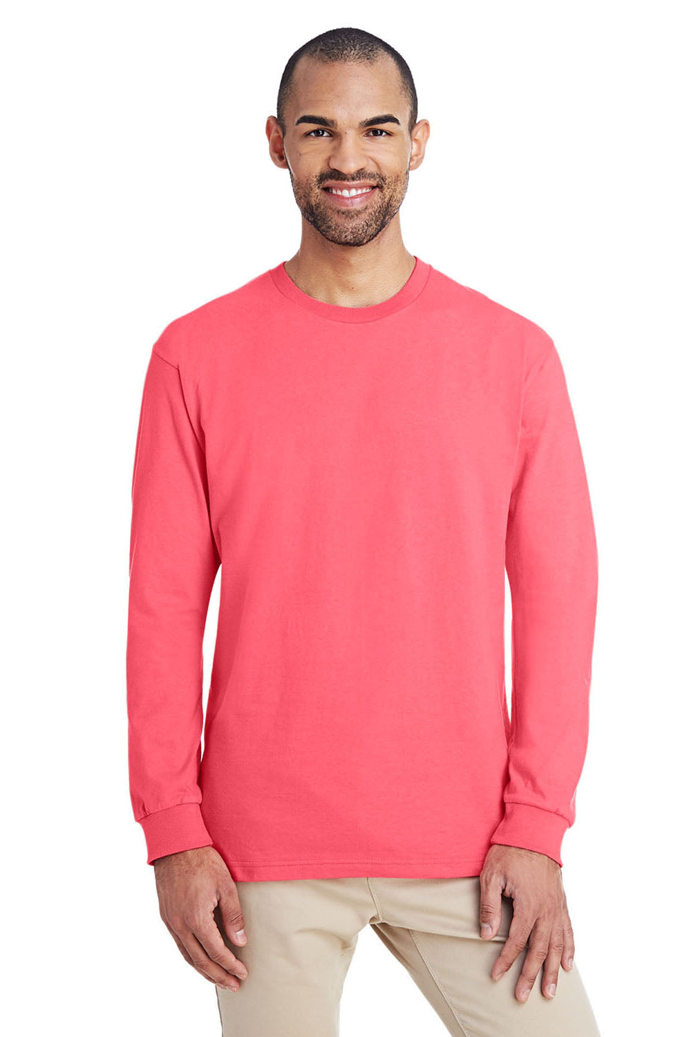 Gildan H400 Mens Hammer Long Sleeve Crewneck T-Shirt Coral Silk Pink Front