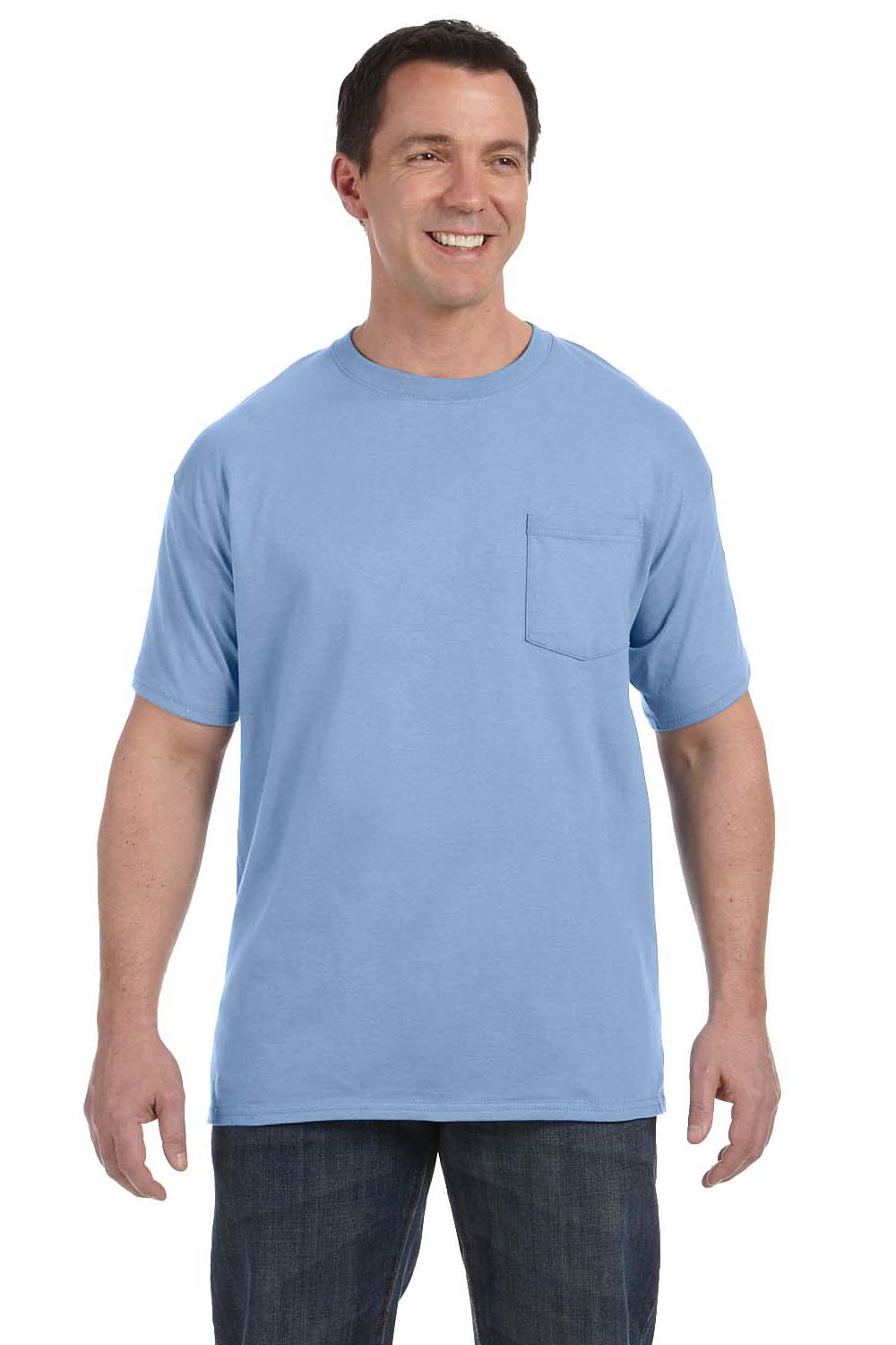 Hanes H5590 Mens ComfortSoft Short Sleeve Crewneck T-Shirt w/ Pocket Light Blue Front