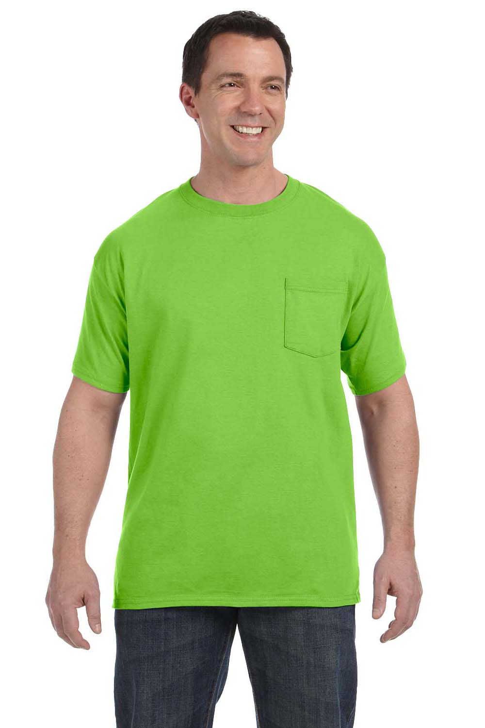 Hanes H5590 Mens ComfortSoft Short Sleeve Crewneck T-Shirt w/ Pocket Lime Green Front