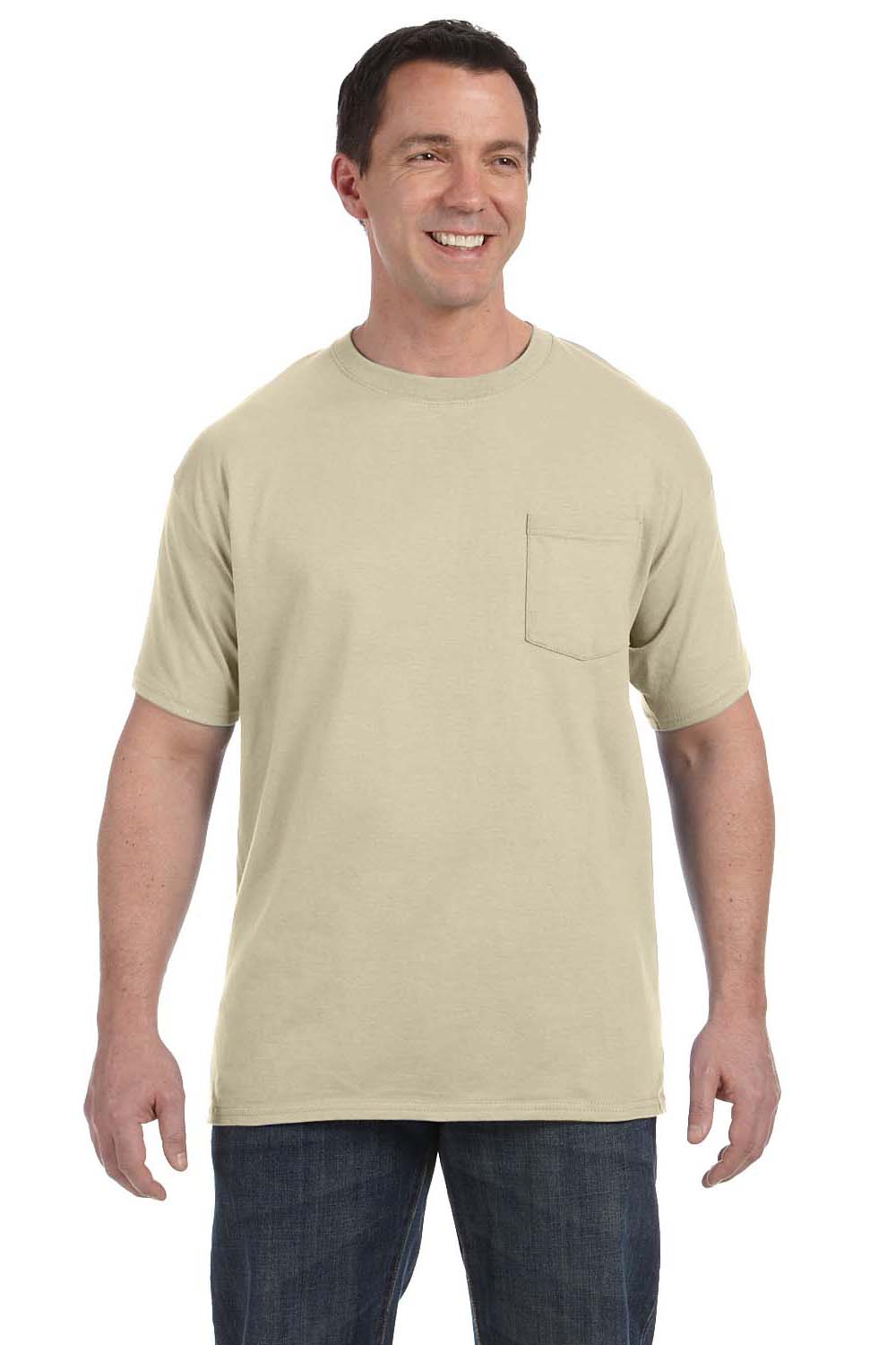 Hanes H5590 Mens ComfortSoft Short Sleeve Crewneck T-Shirt w/ Pocket Sand Brown Front