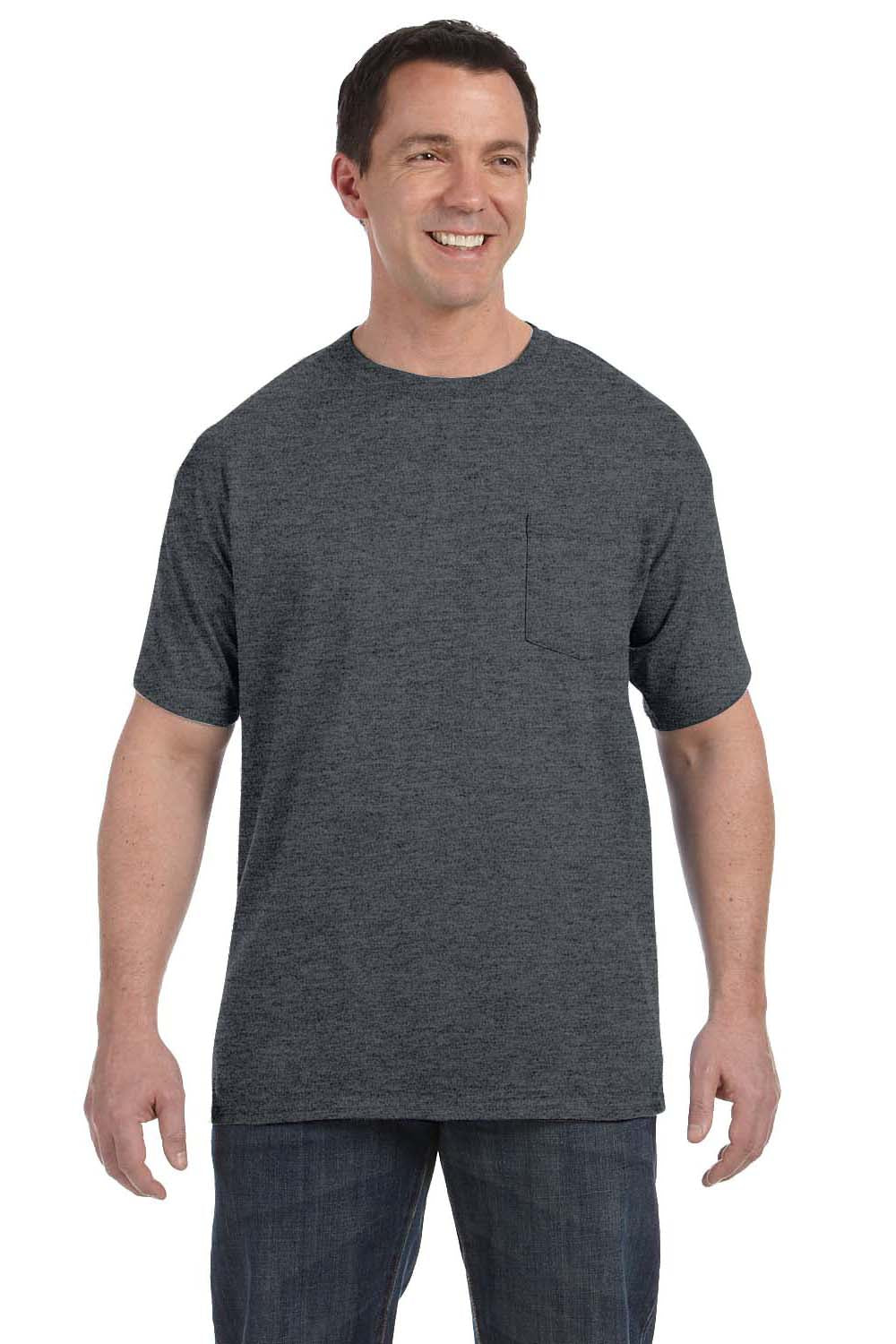 Hanes H5590 Mens ComfortSoft Short Sleeve Crewneck T-Shirt w/ Pocket Heather Charcoal Grey Front