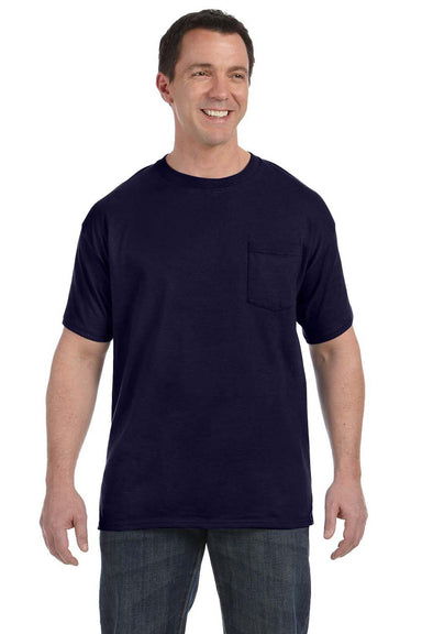 Hanes H5590 Mens ComfortSoft Short Sleeve Crewneck T-Shirt w/ Pocket Navy Blue Front