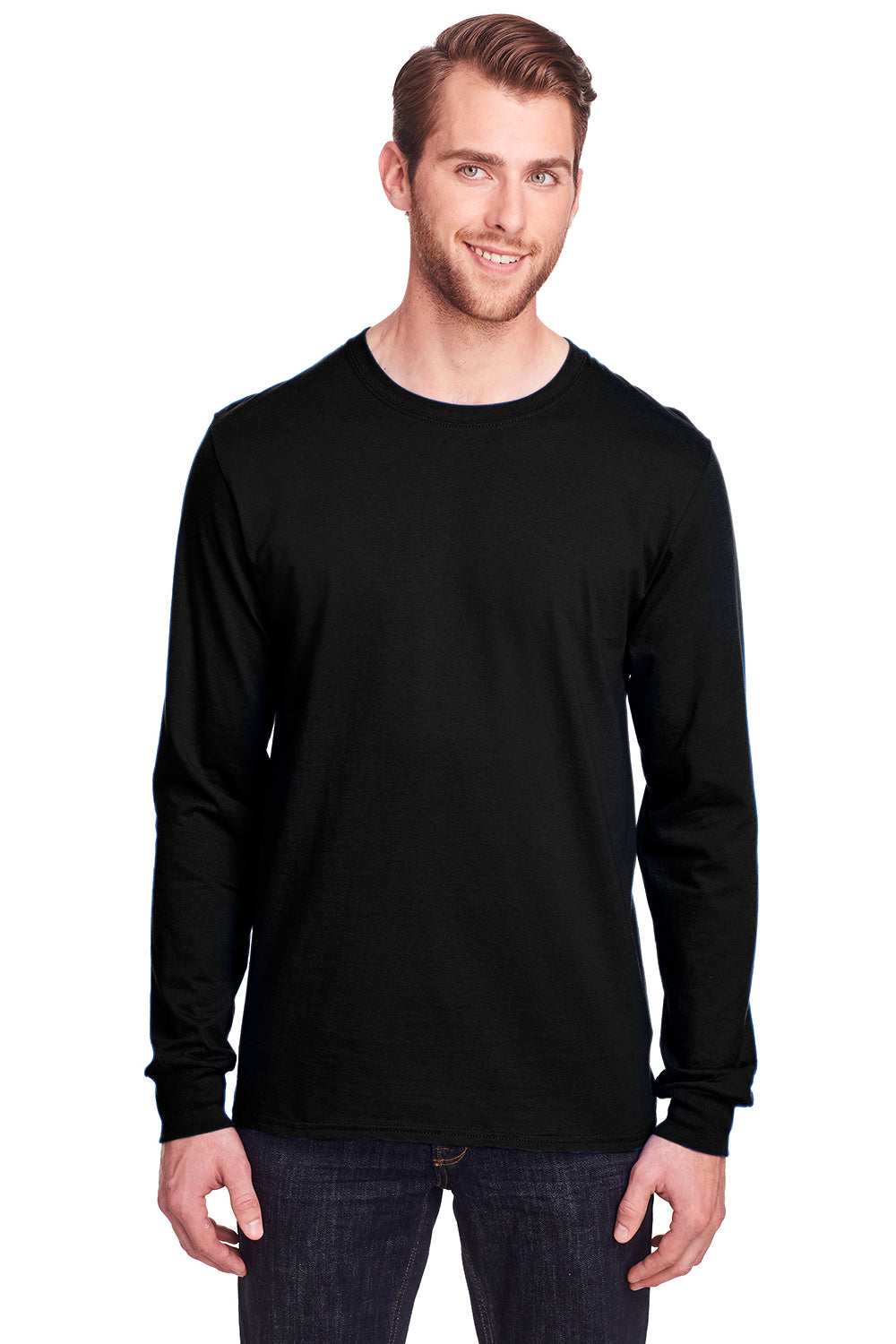 Fruit Of The Loom IC47LSR Mens Iconic Long Sleeve Crewneck T-Shirt Black Front