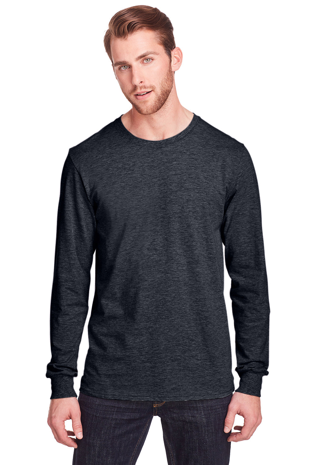 Fruit Of The Loom IC47LSR Mens Iconic Long Sleeve Crewneck T-Shirt Heather Black Front