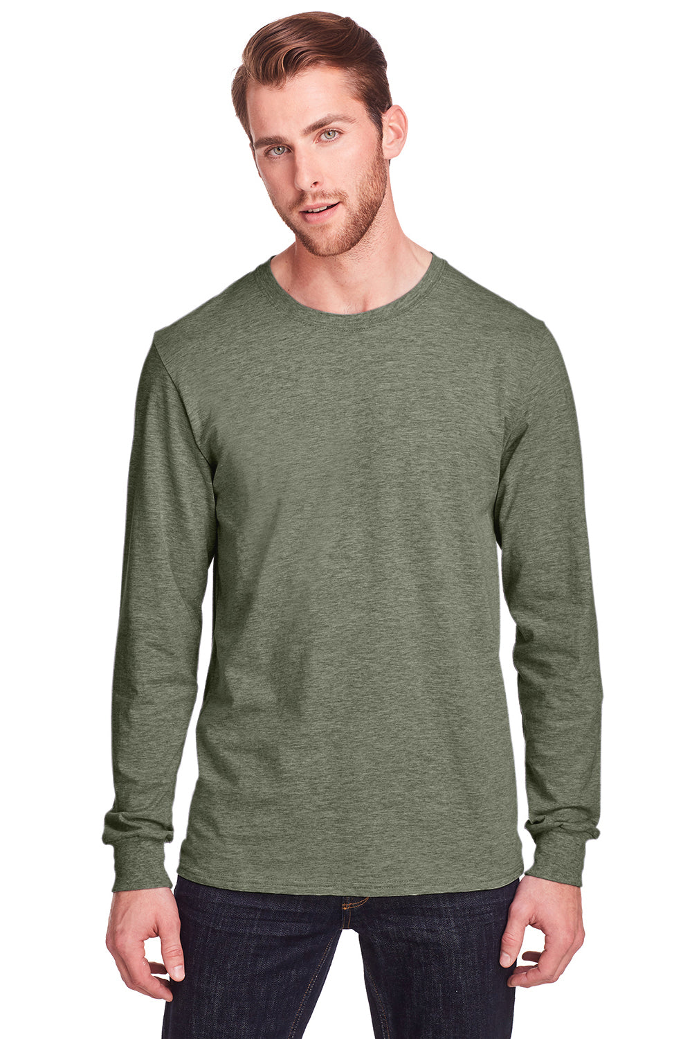 Fruit Of The Loom IC47LSR Mens Iconic Long Sleeve Crewneck T-Shirt Heather Military Green Front