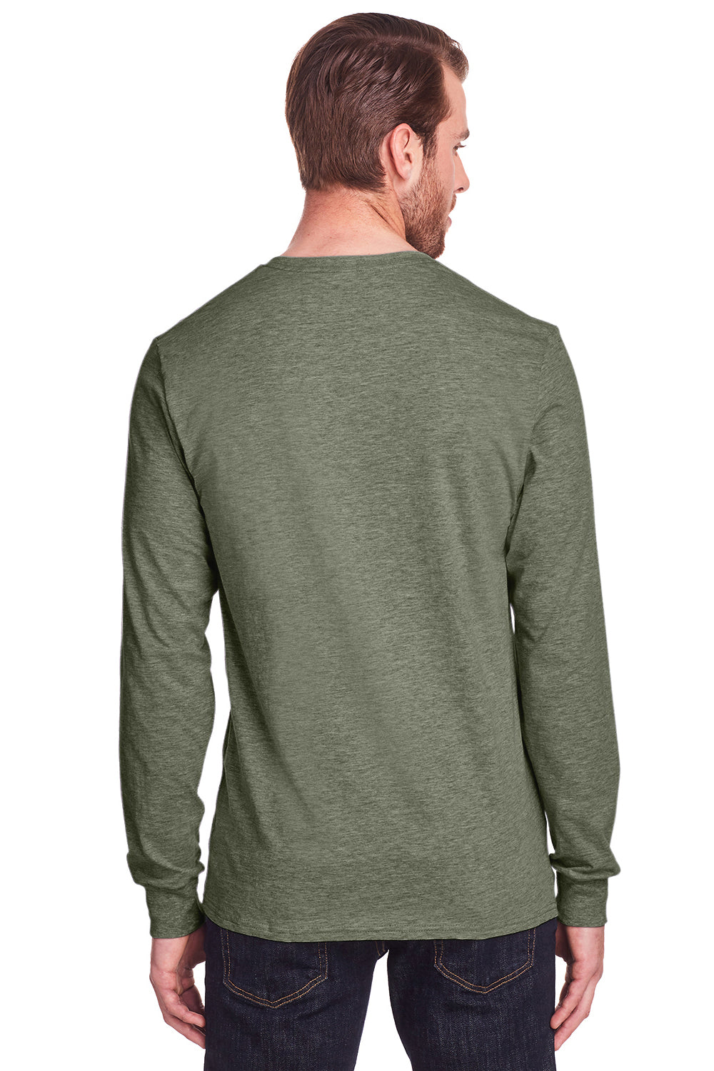 Fruit Of The Loom IC47LSR Mens Iconic Long Sleeve Crewneck T-Shirt Heather Military Green Back