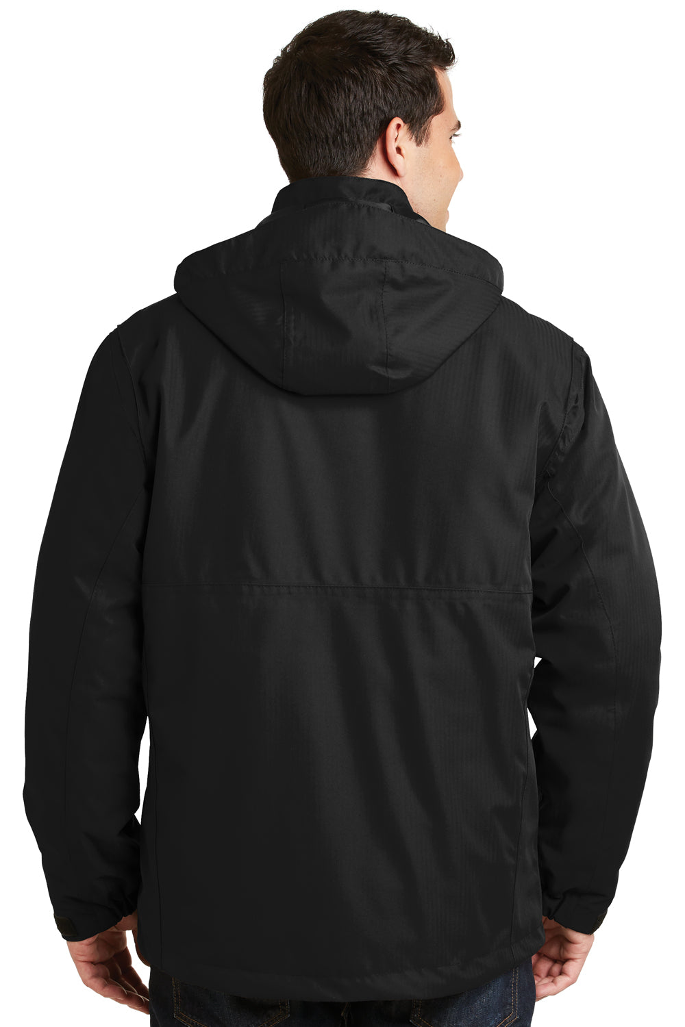 Port Authority J302 Mens Herringbone 3-in-1 Full Zip Hooded Jacket Black Back