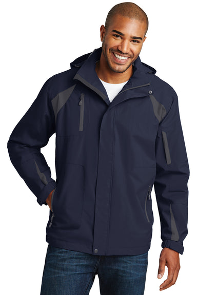 Port Authority J304 Mens All Season II Waterproof Full Zip Hooded Jacket Navy Blue/Iron Grey Front
