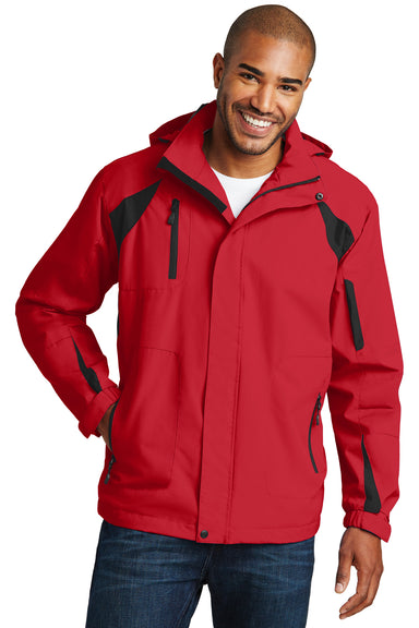 Port Authority J304 Mens All Season II Waterproof Full Zip Hooded Jacket Red/Black Front