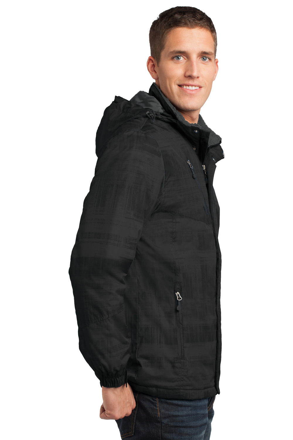 Port Authority J320 Mens Brushstroke Wind & Water Resistant Full Zip Hooded Jacket Black Brushstroke Side