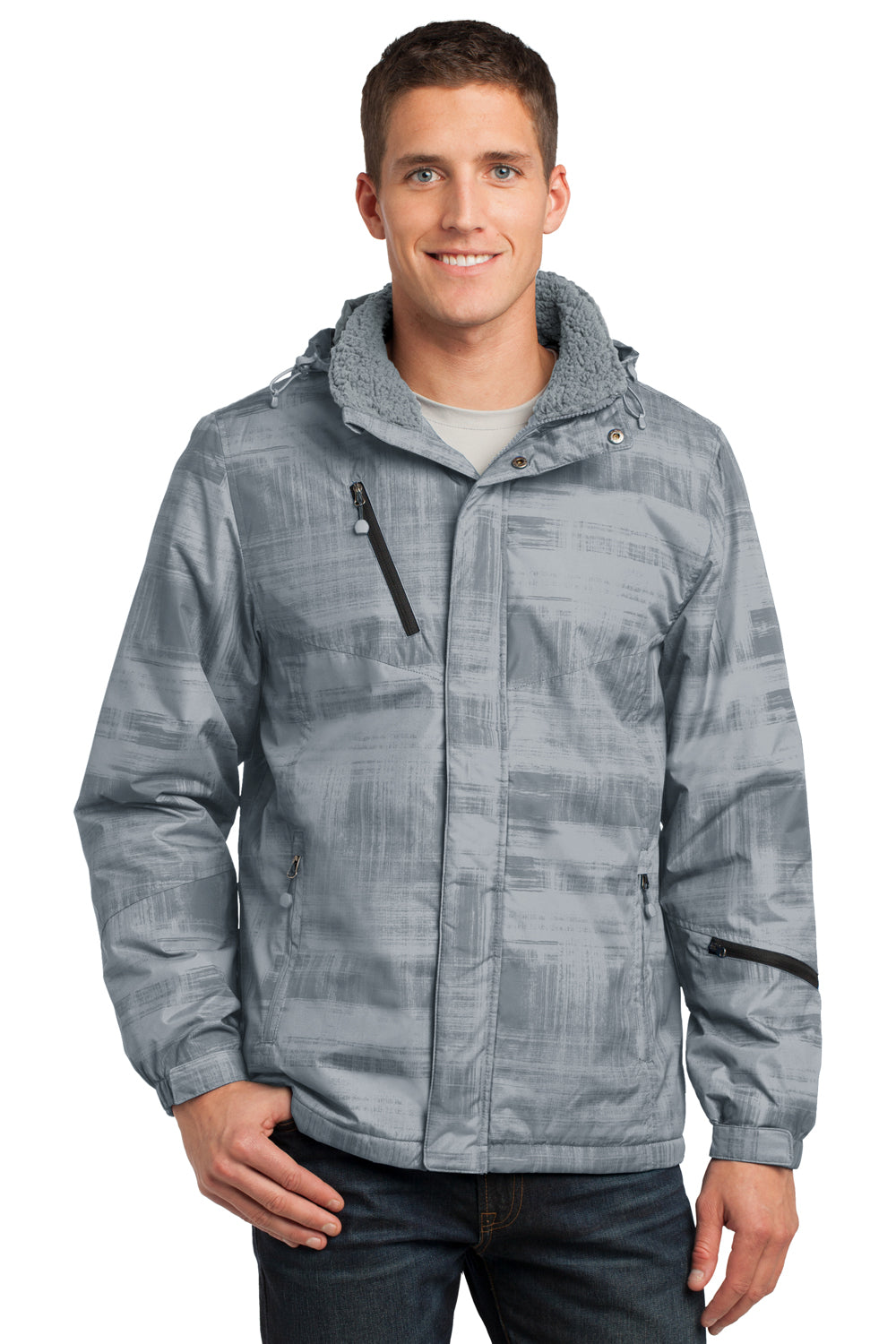 Port Authority J320 Mens Brushstroke Wind & Water Resistant Full Zip Hooded Jacket Grey Brushstroke Front