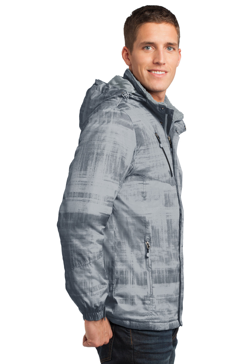 Port Authority J320 Mens Brushstroke Wind & Water Resistant Full Zip Hooded Jacket Grey Brushstroke Side
