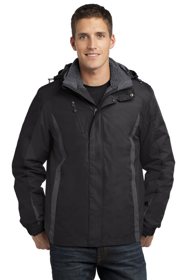 Port Authority J321 Mens 3-in-1 Wind & Water Resistant Full Zip Hooded Jacket Black/Black/Grey Front