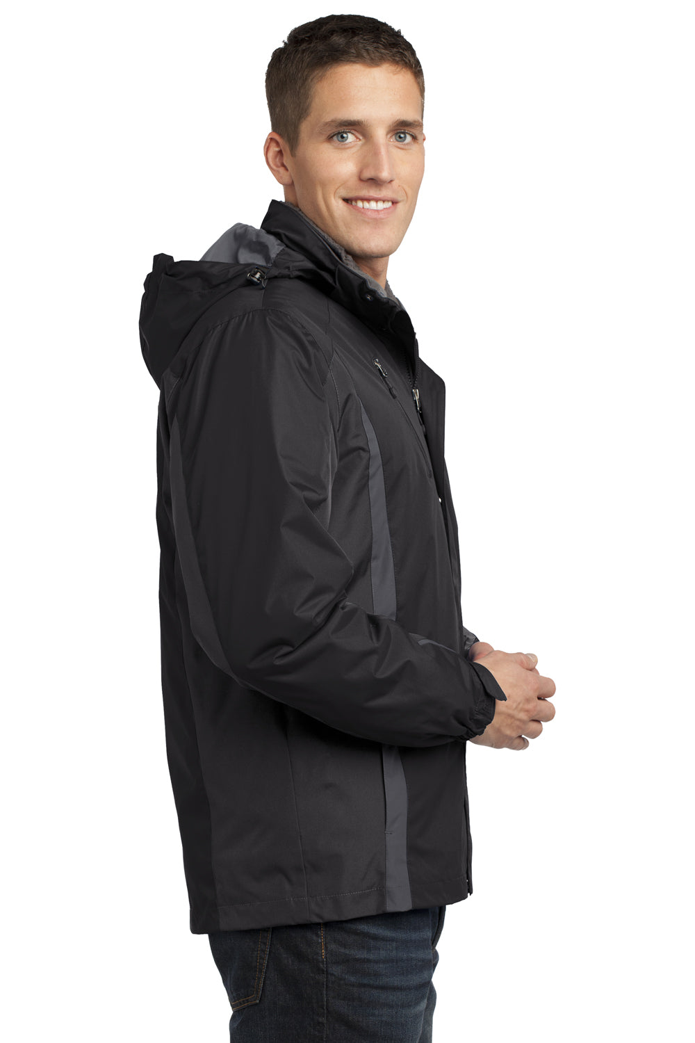 Port Authority J321 Mens 3-in-1 Wind & Water Resistant Full Zip Hooded Jacket Black/Black/Grey Side