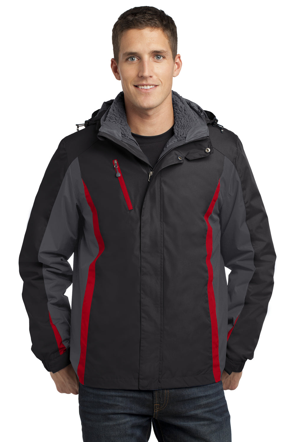 Port Authority J321 Mens 3-in-1 Wind & Water Resistant Full Zip Hooded Jacket Black/Grey/Red Front