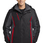 Port Authority Mens 3-in-1 Wind & Water Resistant Full Zip Hooded Jacket - Black/Magnet Grey/Signal Red