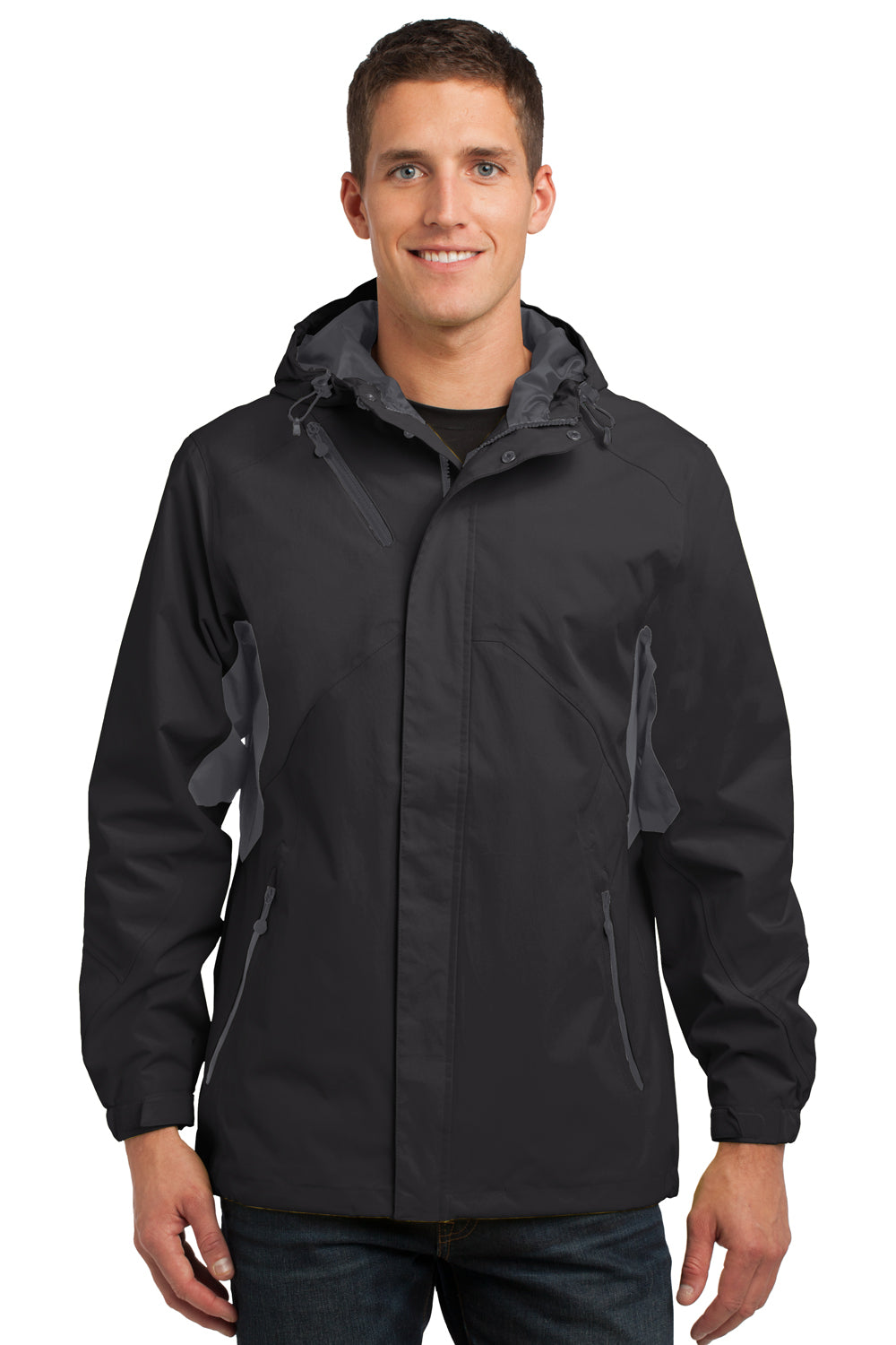 Port Authority J322 Mens Cascade Waterproof Full Zip Hooded Jacket Black/Grey Front