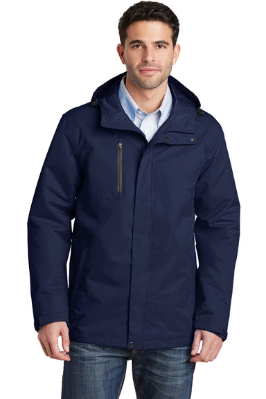 Port Authority J331 Mens All Conditions Waterproof Full Zip Hooded Jacket Navy Blue Front
