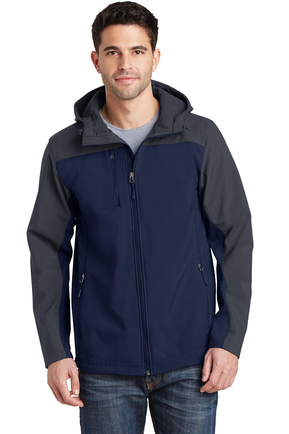 Port Authority J335 Mens Core Wind & Water Resistant Full Zip Hooded Jacket Navy Blue/Grey Front