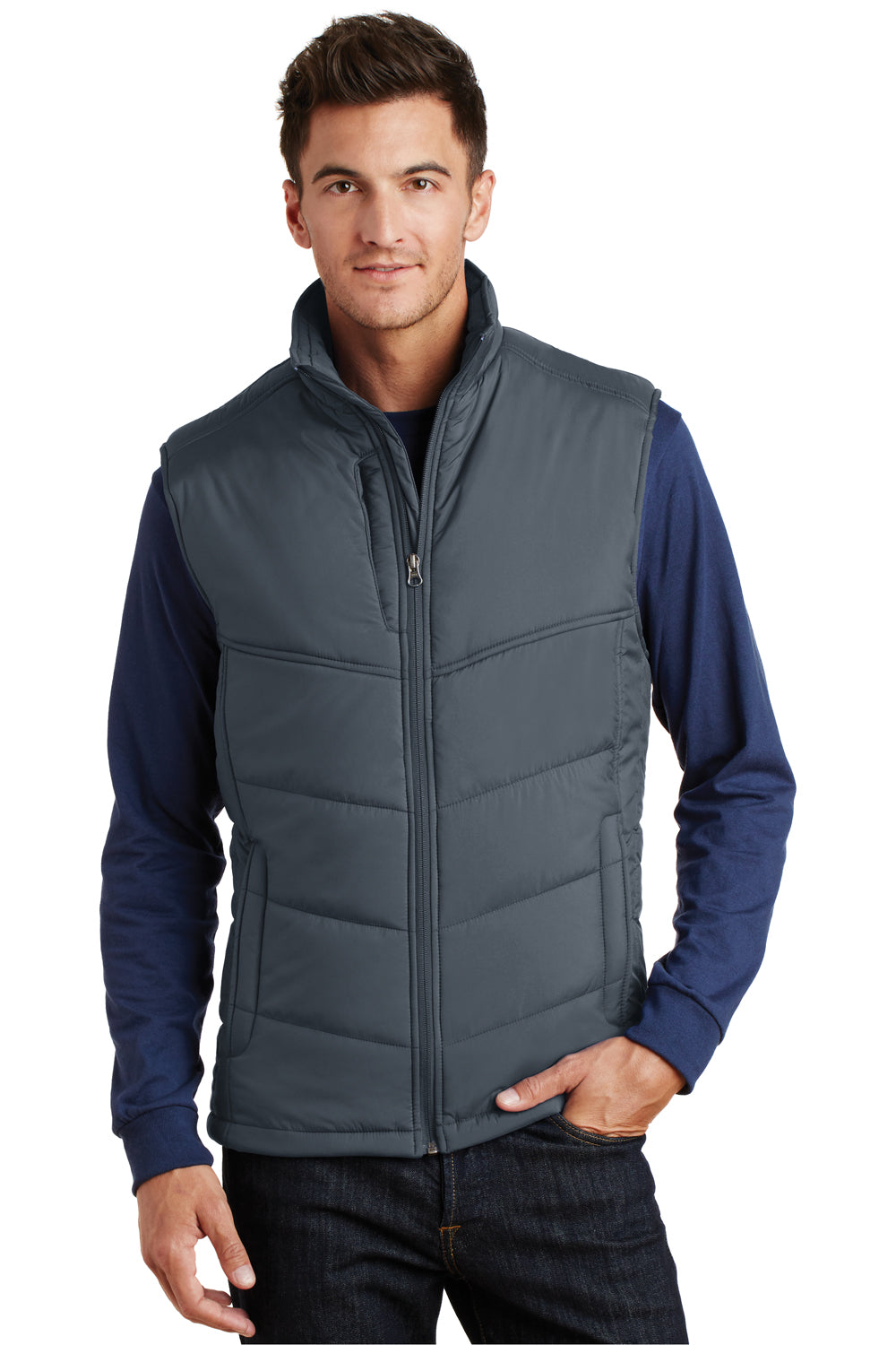 Port Authority J709 Mens Wind & Water Resistant Full Zip Puffy Vest Slate Grey Front