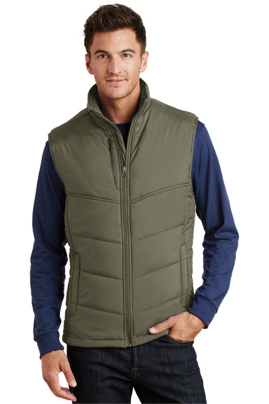Port Authority J709 Mens Wind & Water Resistant Full Zip Puffy Vest Olive Green Front