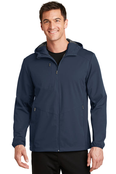 Port Authority J719 Mens Active Wind & Water Resistant Full Zip Hooded Jacket Navy Blue Front