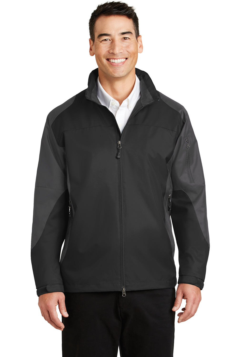Port Authority J768 Mens Endeavor Wind & Water Resistant Full Zip Hooded Jacket Black/Grey Front
